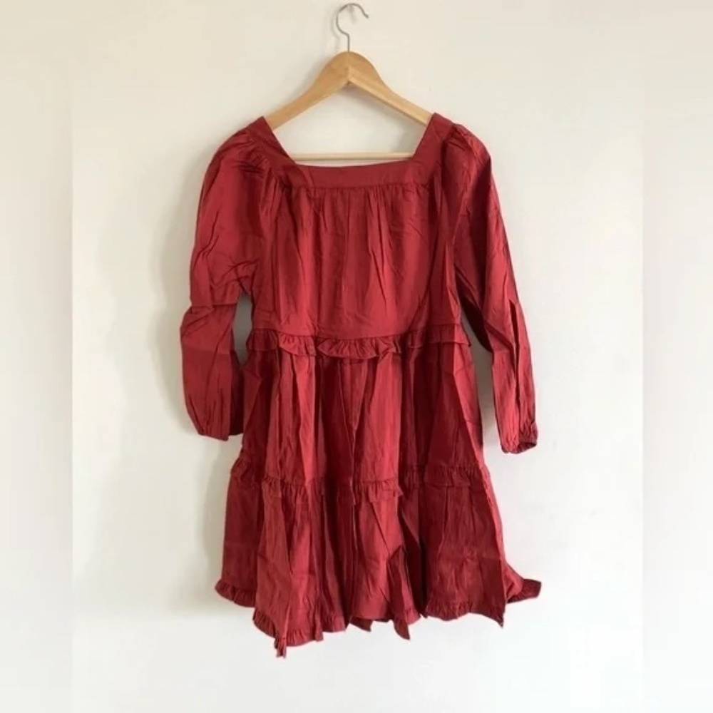 ENTRO Lava Red Boho Tiered Mini Dress 3/4 Sleeve - Picture 4 of 14